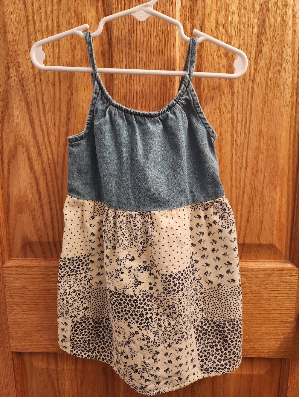 OshKosh B'gosh - Light Blue Denim Spaghetti Strap Dress with Floral Skirt - 2T2A